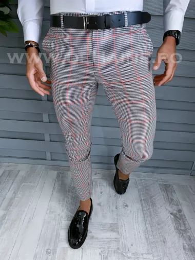 Pantaloni barbati eleganti regular fit in carouri B1910 17-4 e ~